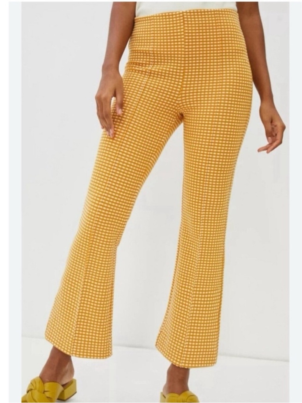 Maeve by Anthropologie Mollie Flare Pants Cropped Yellow Gingham Knit Pull On